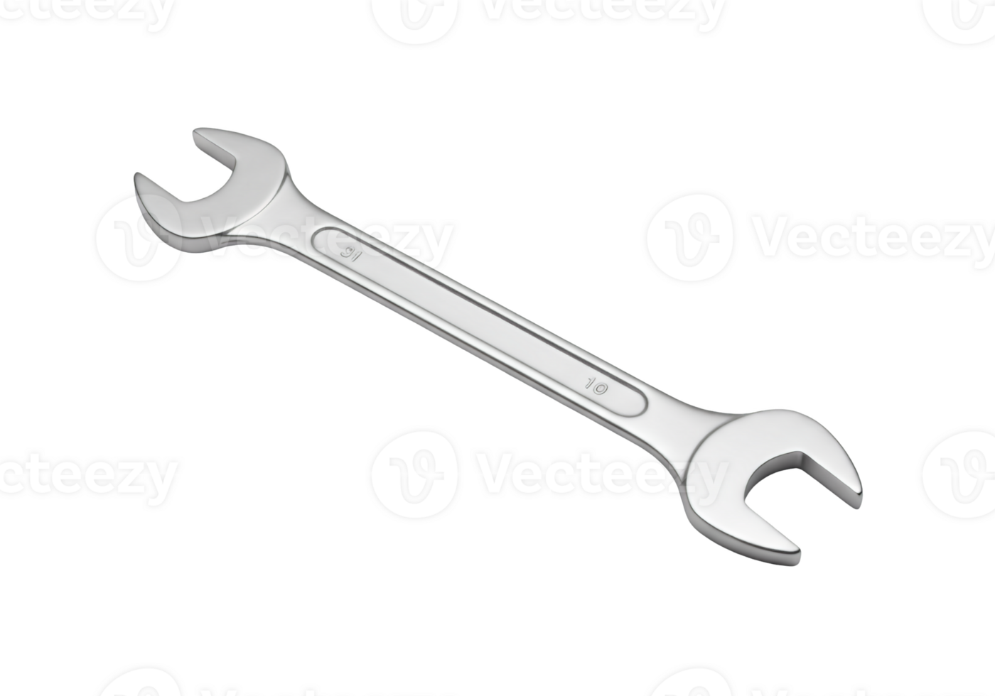A shiny metal combination wrench with size markings isolated on transparent background png