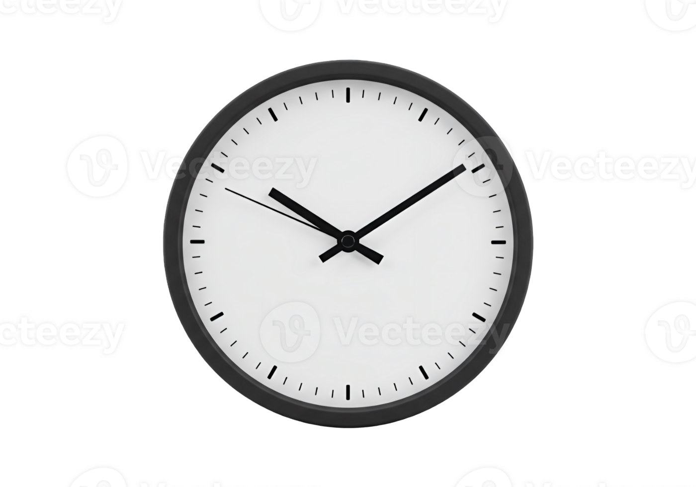 Minimalist round clock face with black hands and hour markers isolated on transparent background png