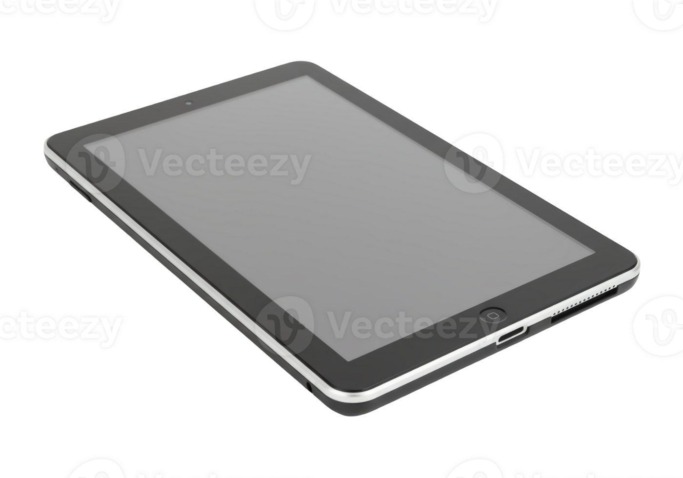 Modern black tablet device with a grey screen isolated on transparent background png