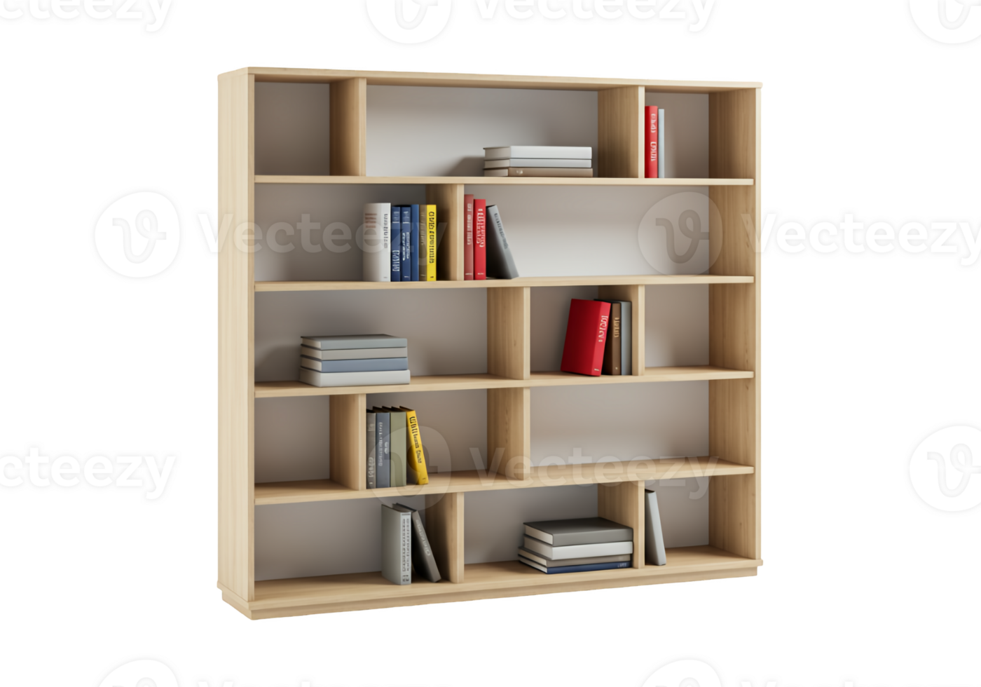 Modern light wood bookshelf filled with various books isolated on transparent background png