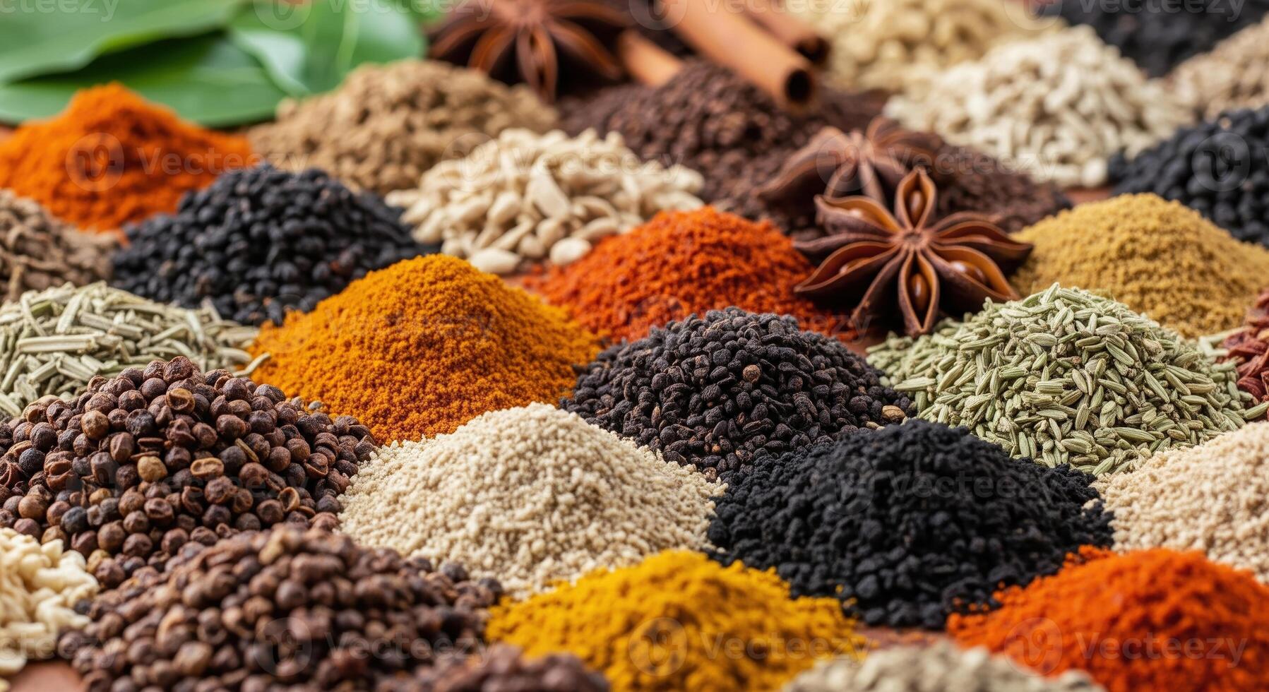 Various spices and herbs are arranged in a pile photo