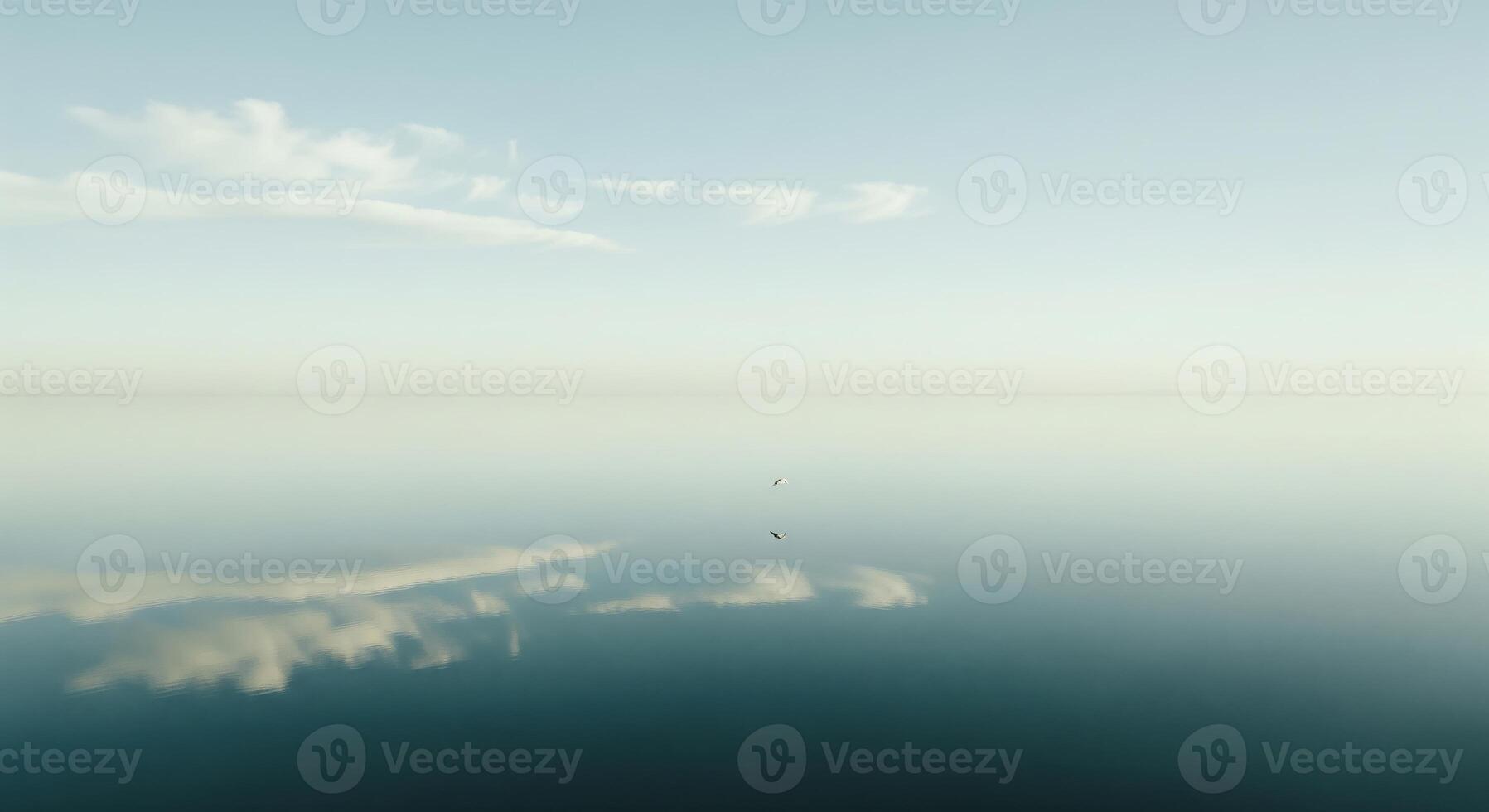 A lone bird is flying in the sky above a calm body of water photo