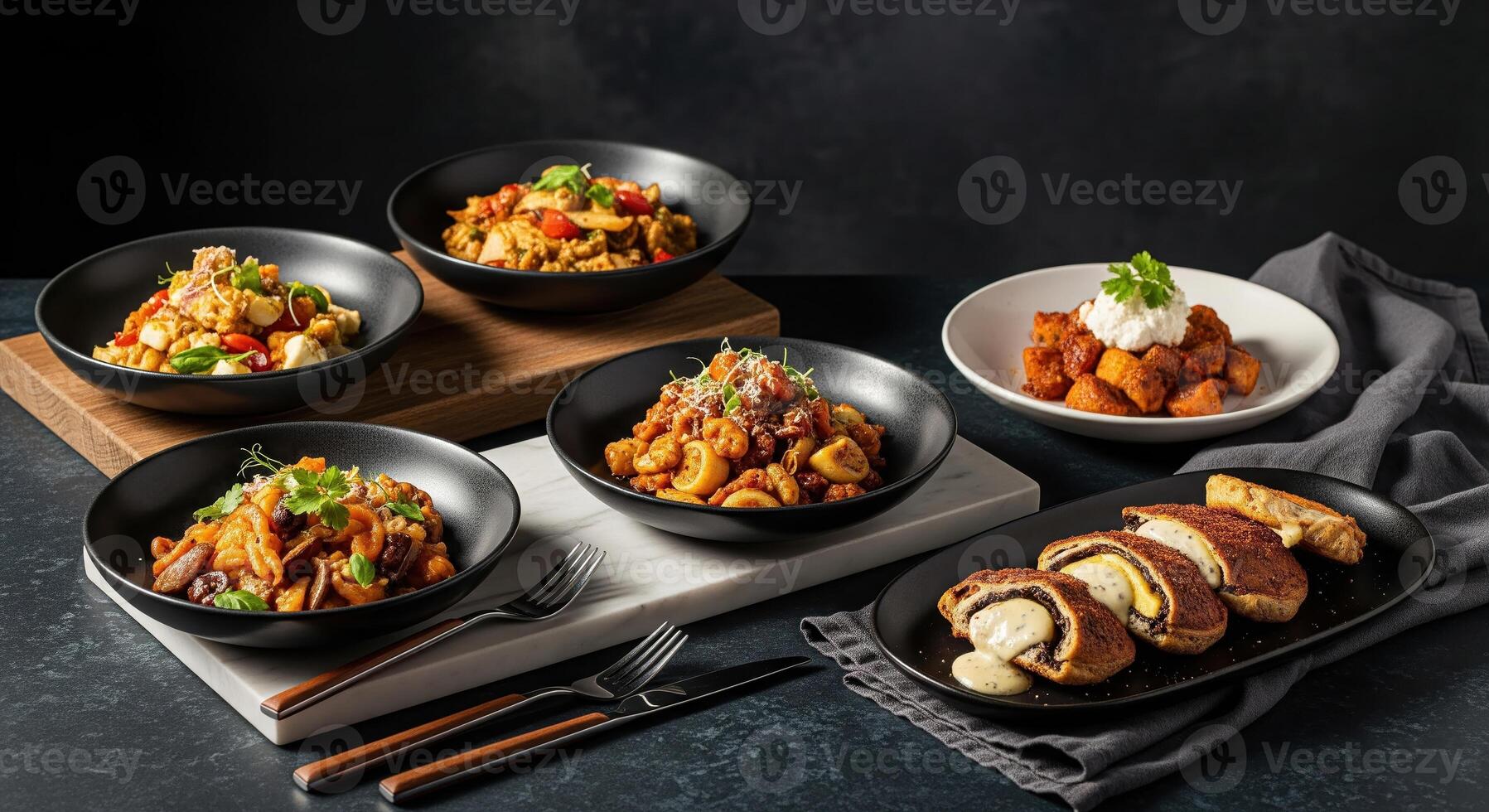 A variety of dishes are on a table photo