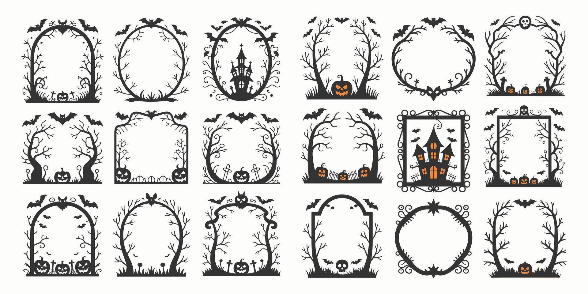 Spooky Halloween Frames with Haunted Houses, Pumpkins, Bats, and Trees for Halloween Decorations and Fall Designs vector