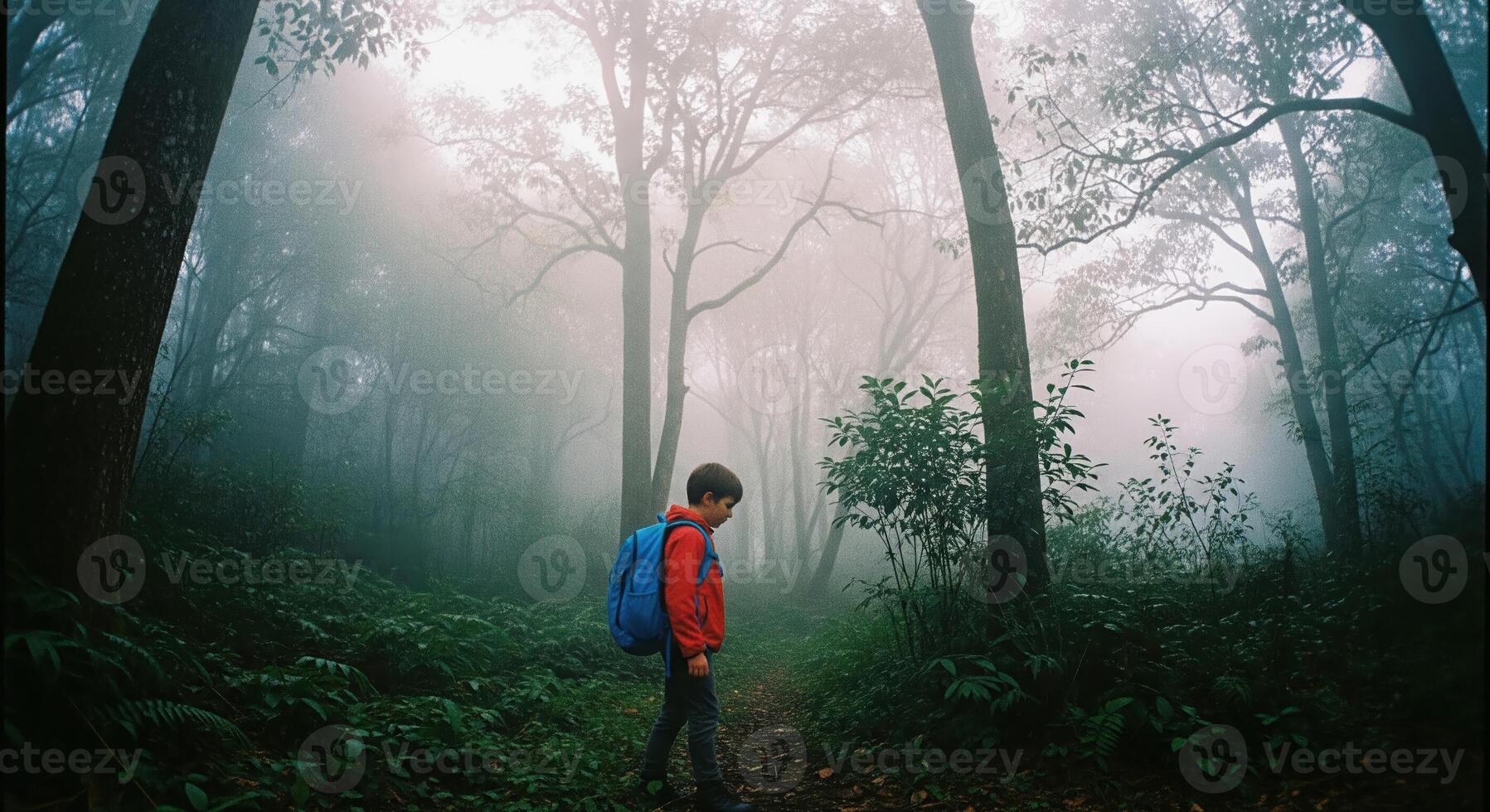 Boy in red jacket walking in fog photo