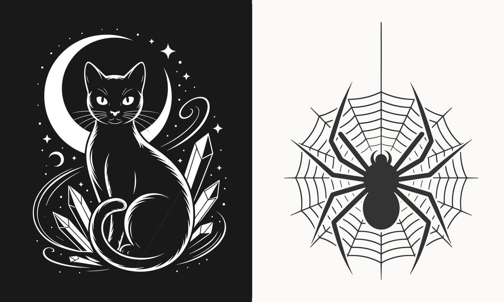Mystical Black Cat Sitting Under the Crescent Moon with Sparkling Crystals and Spider Web for Spooky Halloween Night Design vector