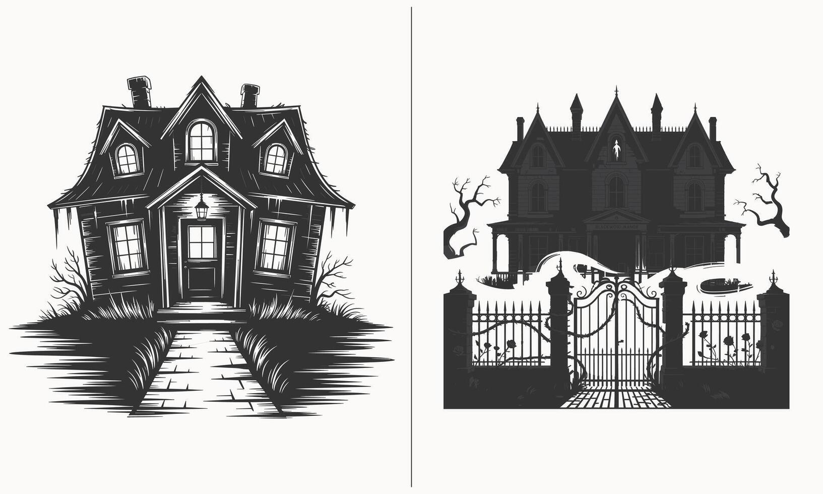 Haunted House Illustration with Creepy Mansion and Spooky Gate for Halloween Decor vector