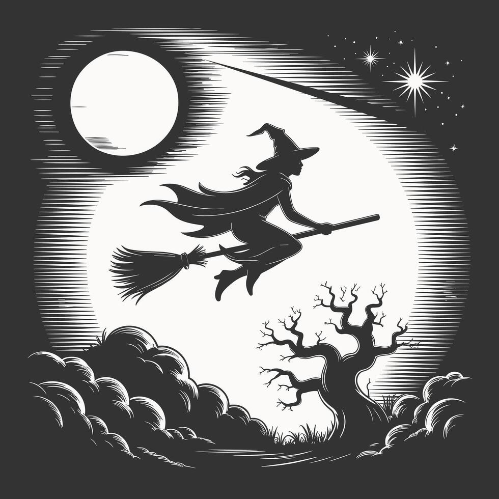 Spooky Witch Flying on a Broomstick Across the Full Moon with Twisted Tree and Stars for Halloween Night Illustration vector