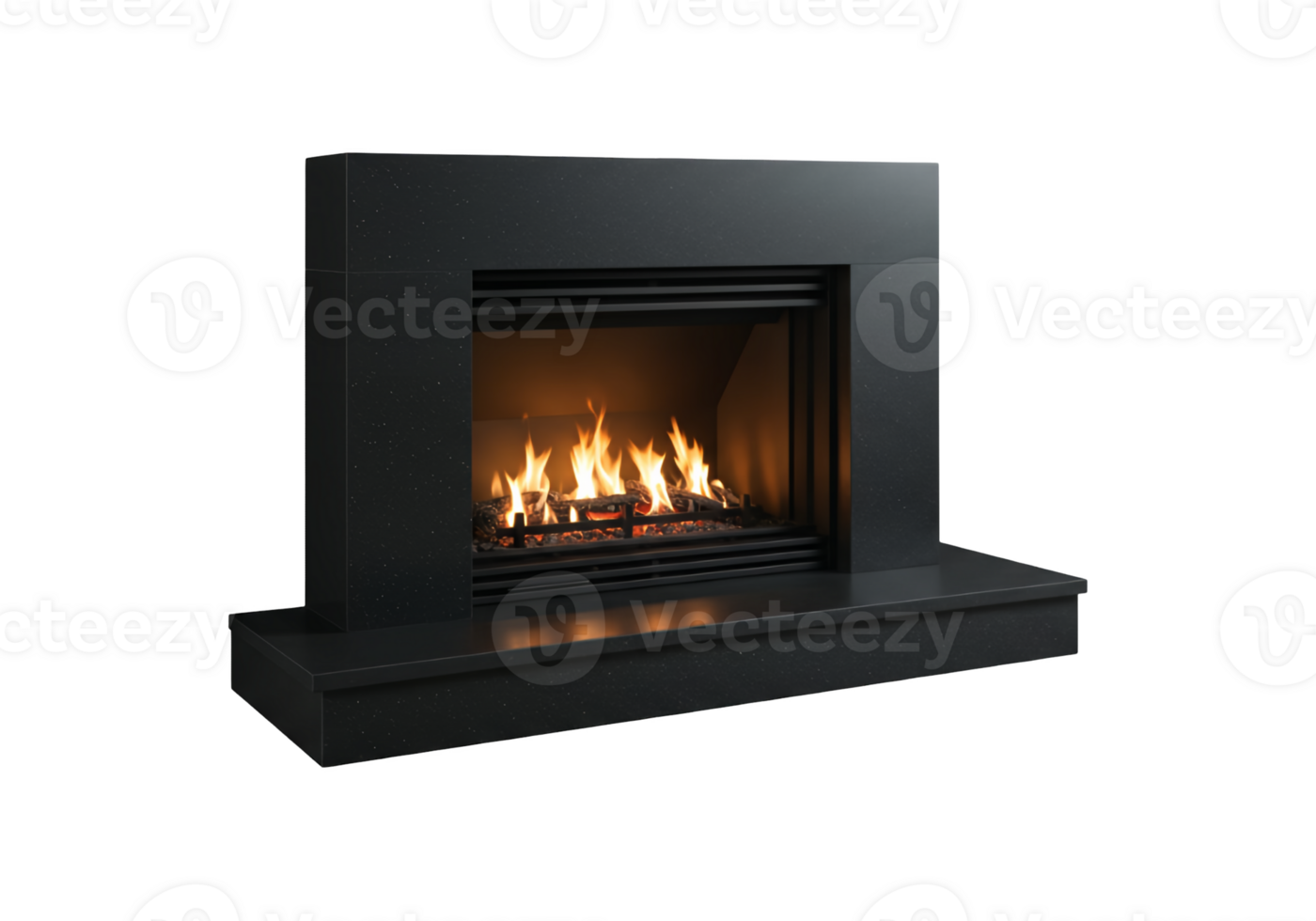 Modern black fireplace with realistic glowing flames isolated on transparent background png