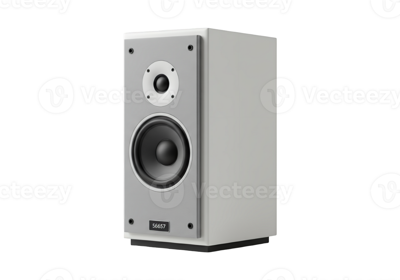 Modern white bookshelf speaker with grey front panel and black woofer isolated on transparent background png