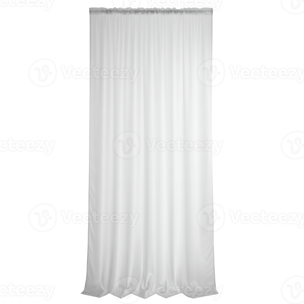 A single white sheer curtain with gathered top and ruffled bottom isolated on transparent background png