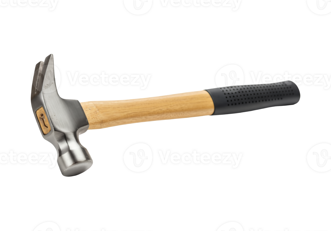 A metal claw hammer with a wooden handle and black grip isolated on transparent background png