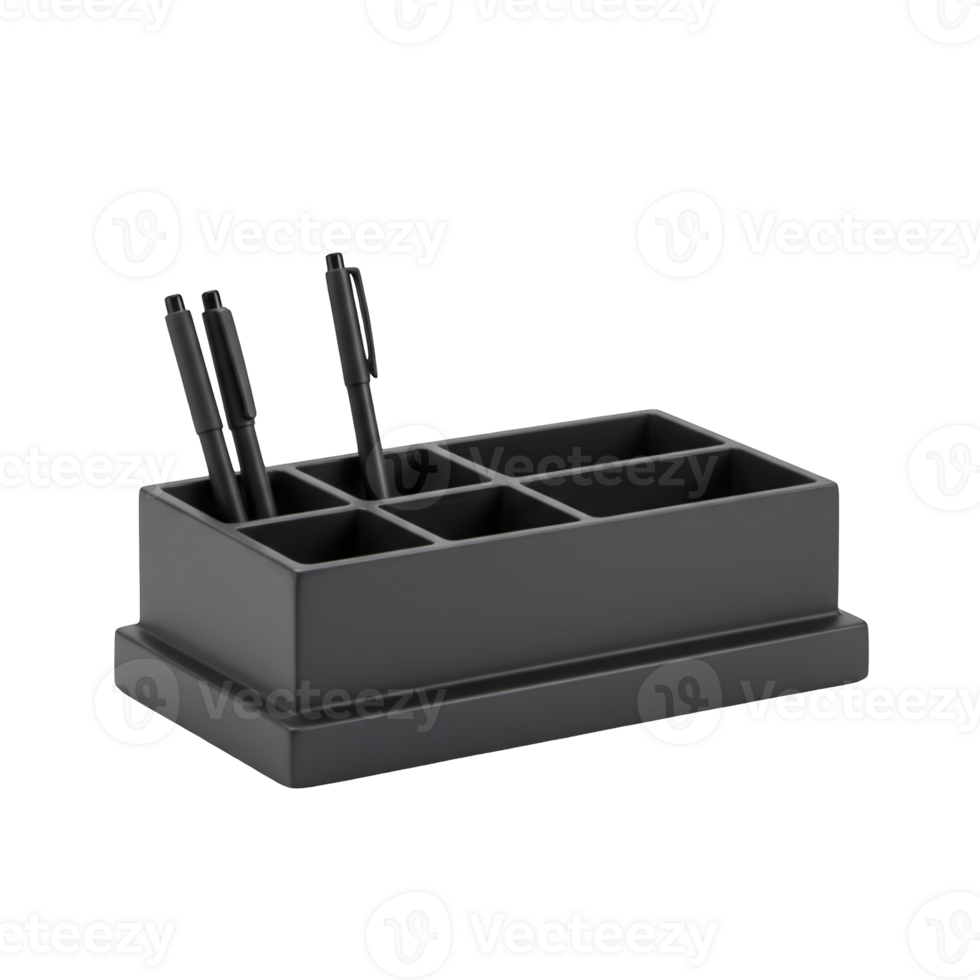 Modern black desk organizer with six compartments holding pens isolated on transparent background png
