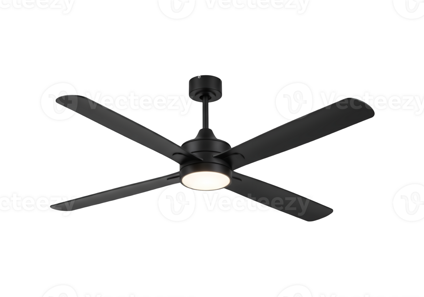 Modern black four blade ceiling fan with integrated light isolated on transparent background png