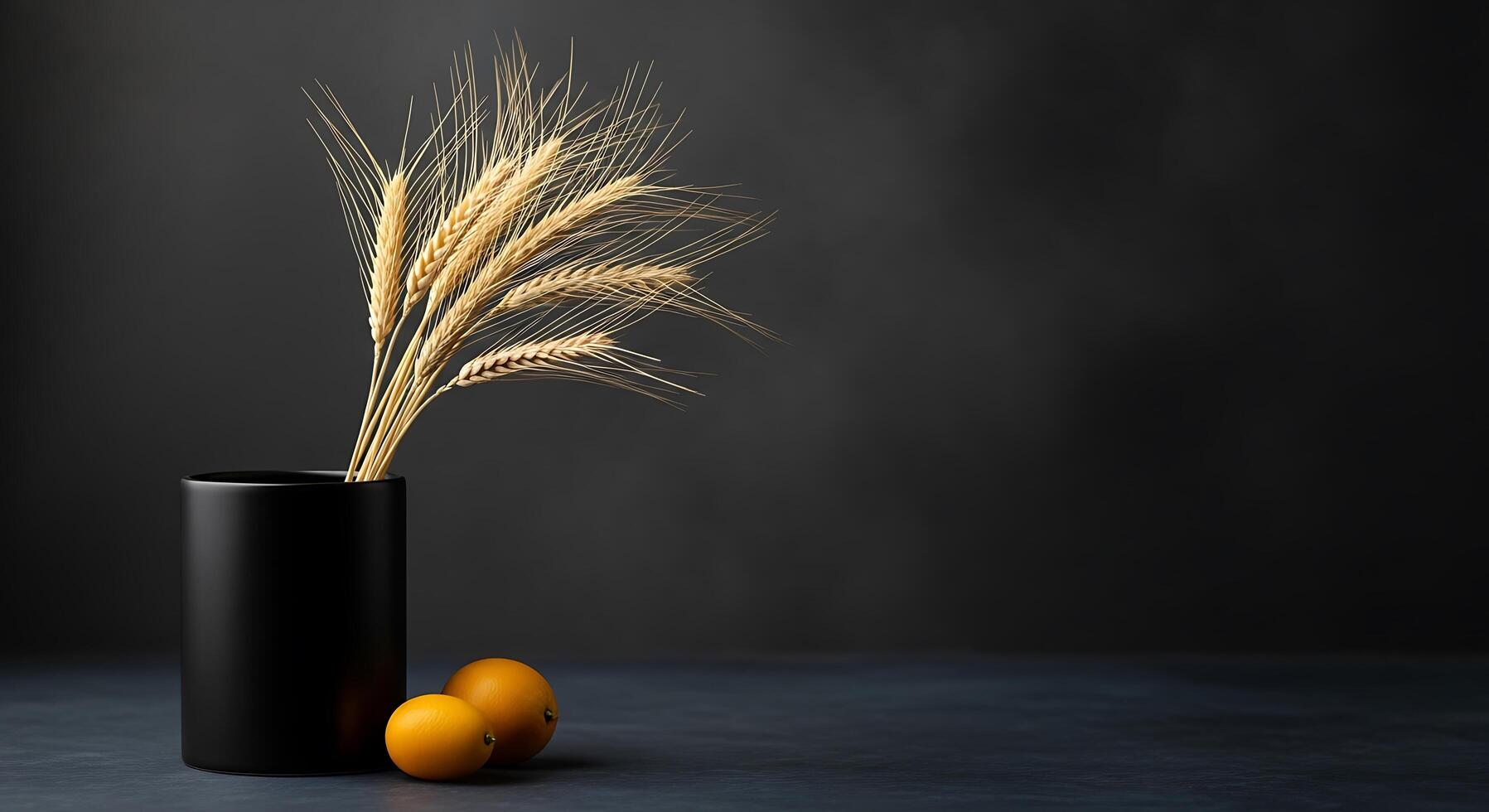 A vase with wheat and oranges on a table photo