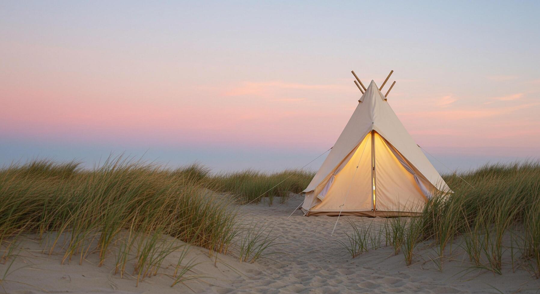A tent on the beach with a sunset behind it photo