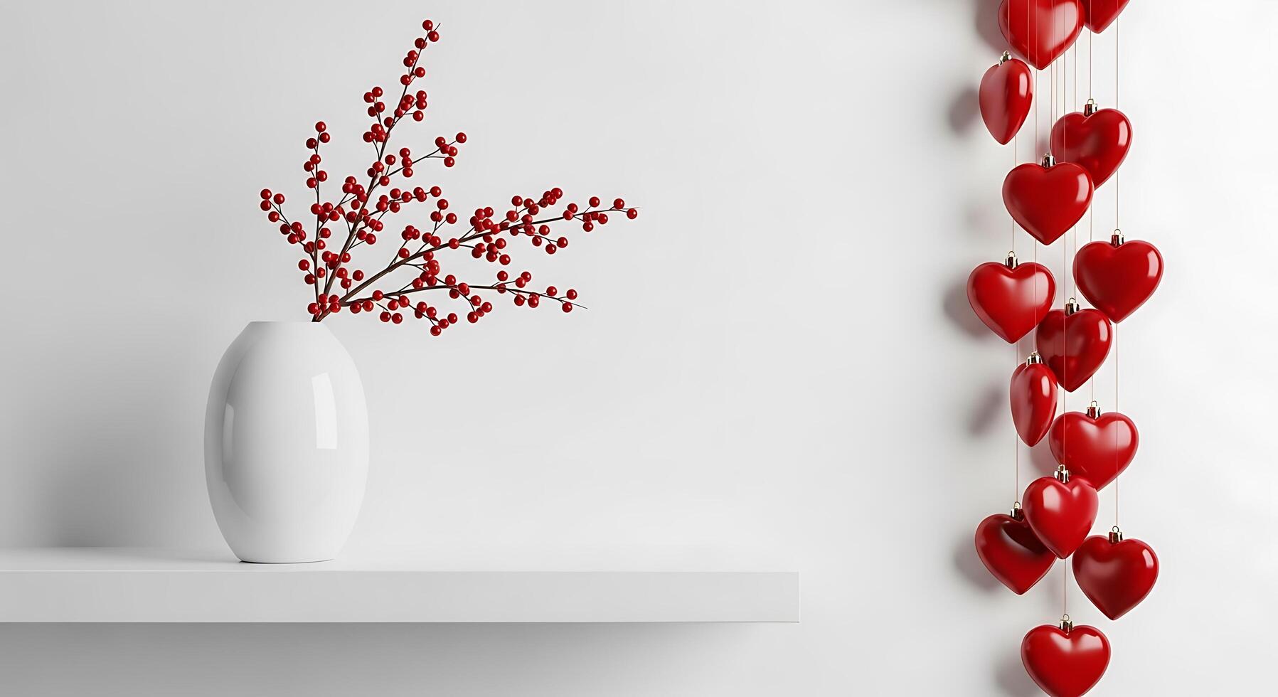 A vase with red hearts and a branch of red berries photo