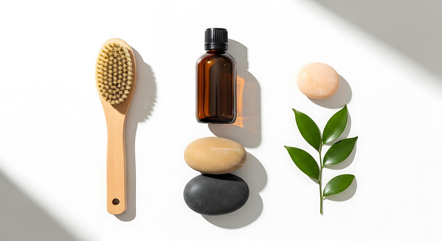 A bottle of essential oil, a brush, and a leaf photo