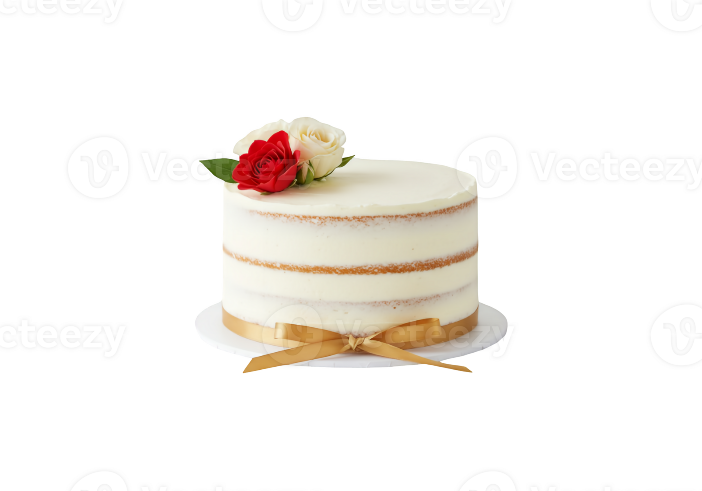 Elegant naked cake with red and white roses and gold ribbon isolated on transparent background png