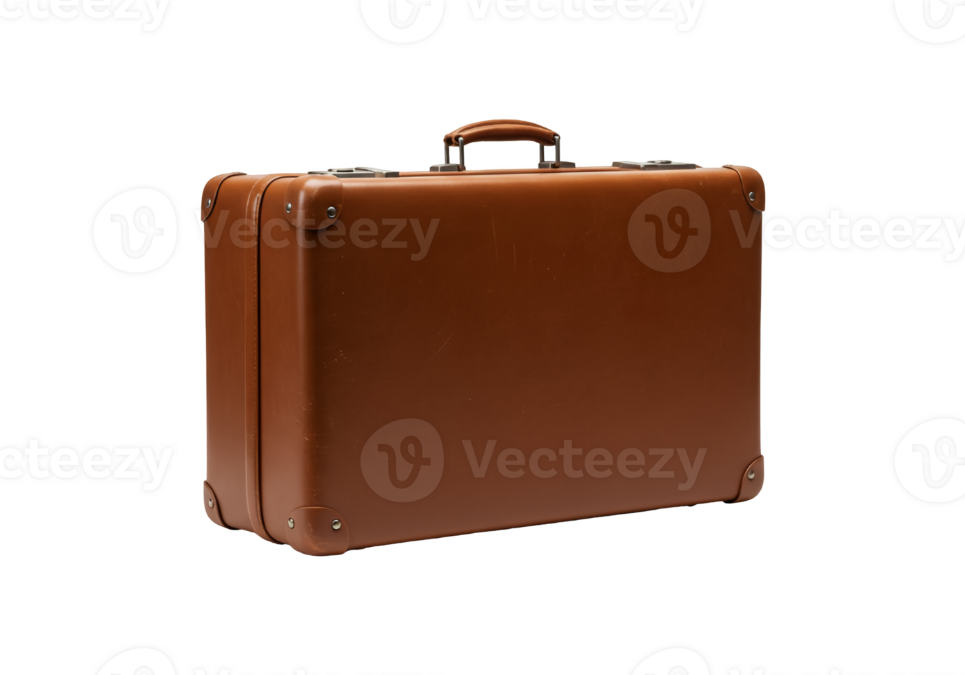 Classic brown leather suitcase with metal accents isolated on transparent background png