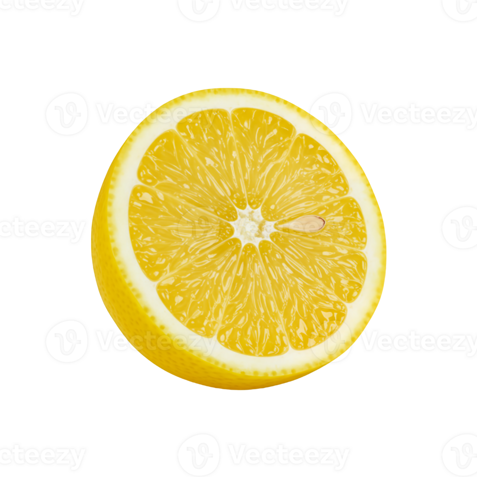 Bright yellow lemon slice with visible pulp and seed isolated on transparent background png
