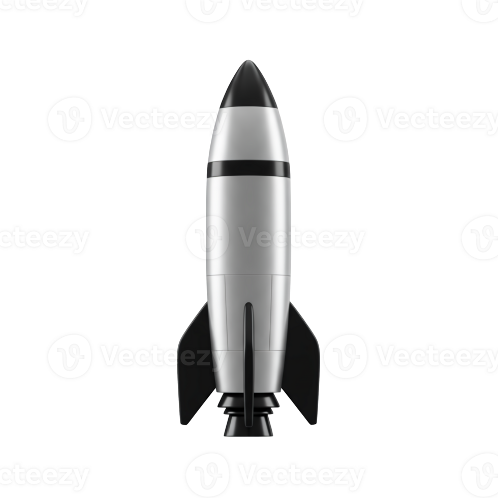Sleek silver and black rocket ship with fins ready for launch isolated on transparent background png