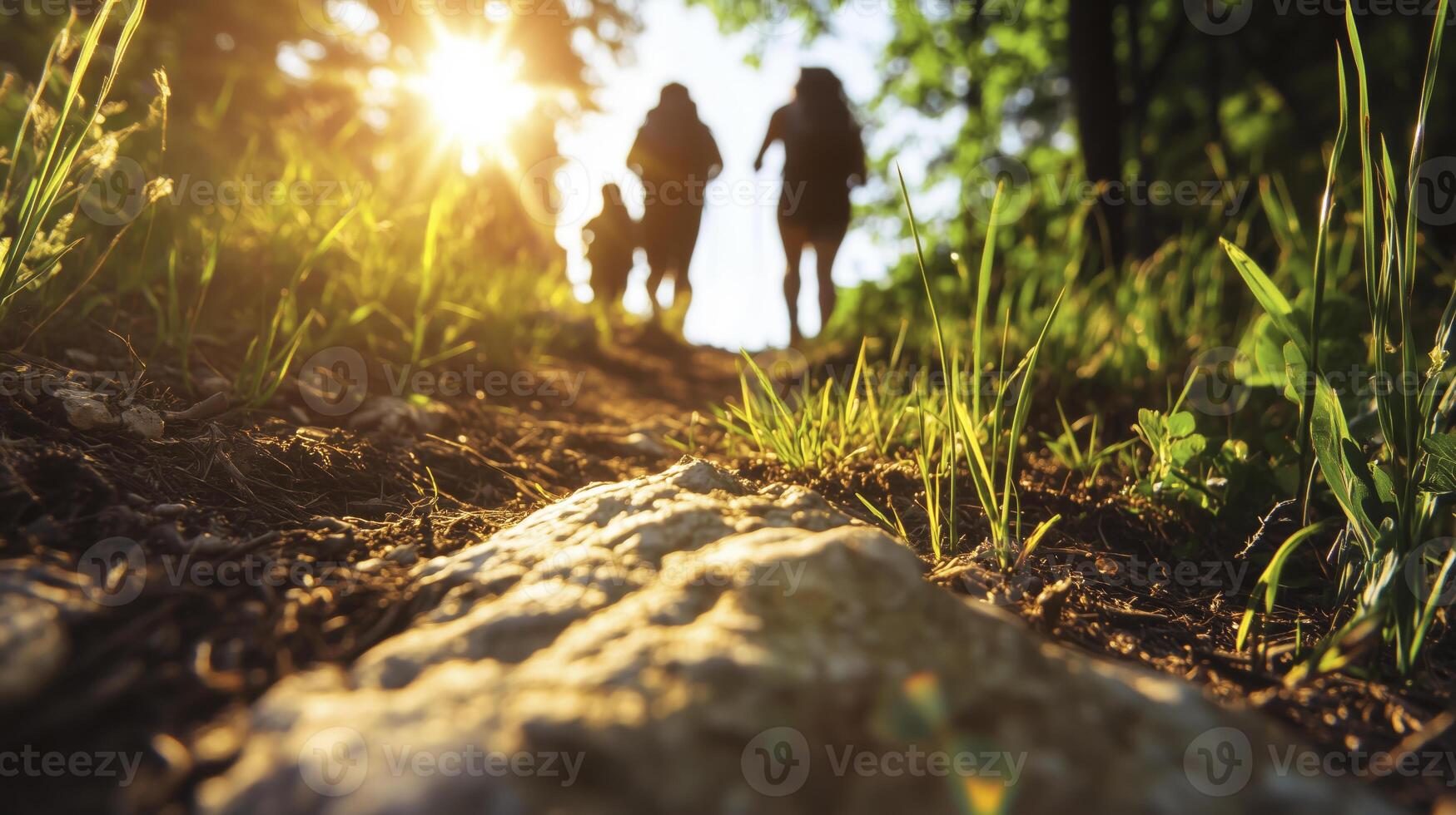 close-up of a group of hikers on a wooded mountain path photo