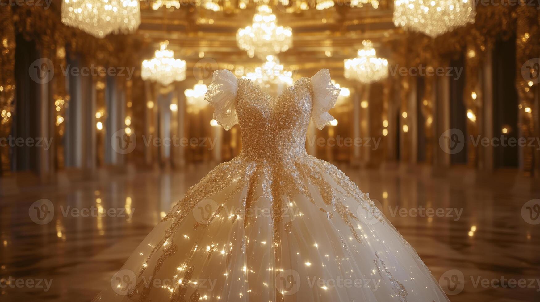 A wedding dress is displayed in a room with chandeliers photo