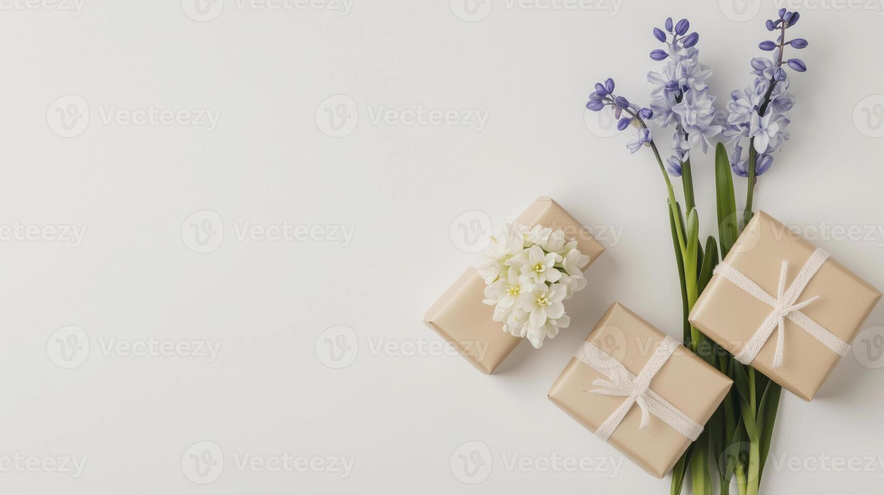 arrangement of hyacinths and simple gift boxes photo
