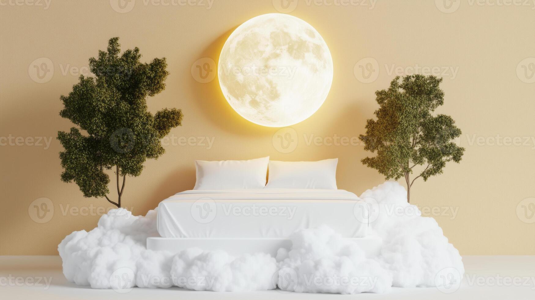 sleek bed floating on cloud platform beneath a bright full moon photo
