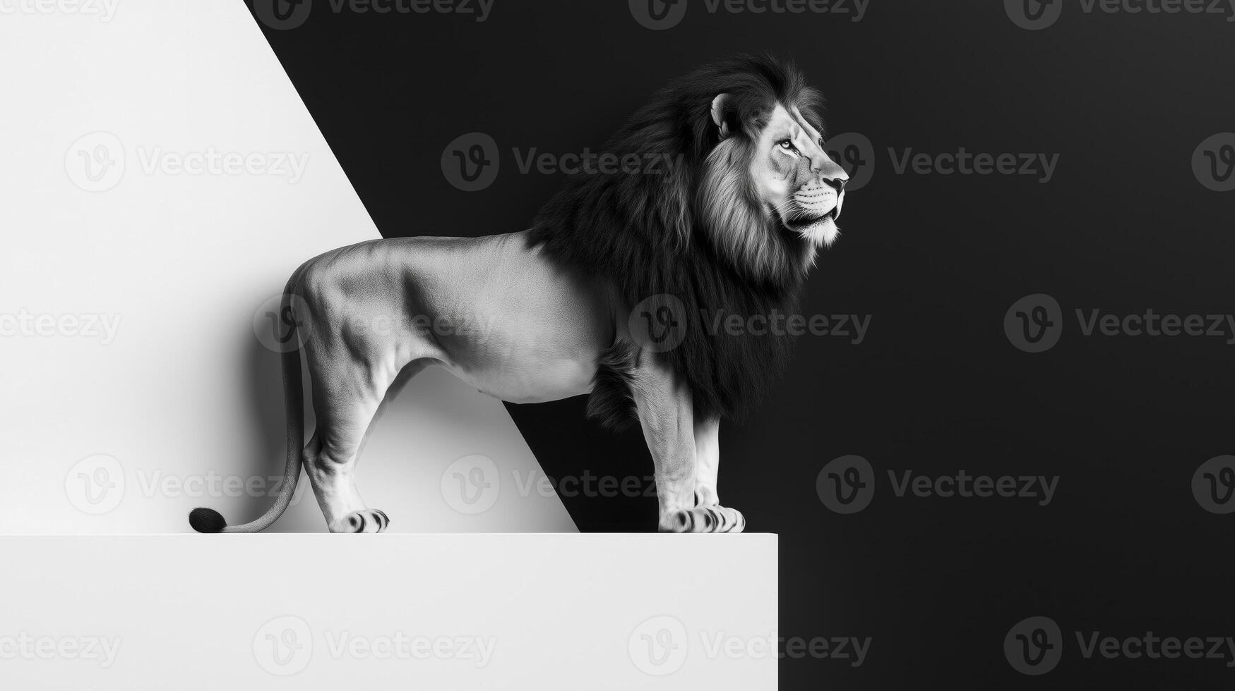 A black and white photo of a lion standing on a white wall