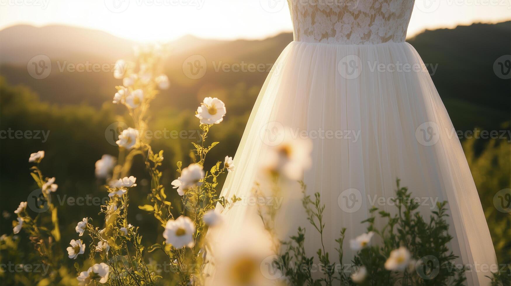 bridgerton style dress with light chiffon layers and rosette detailing photo