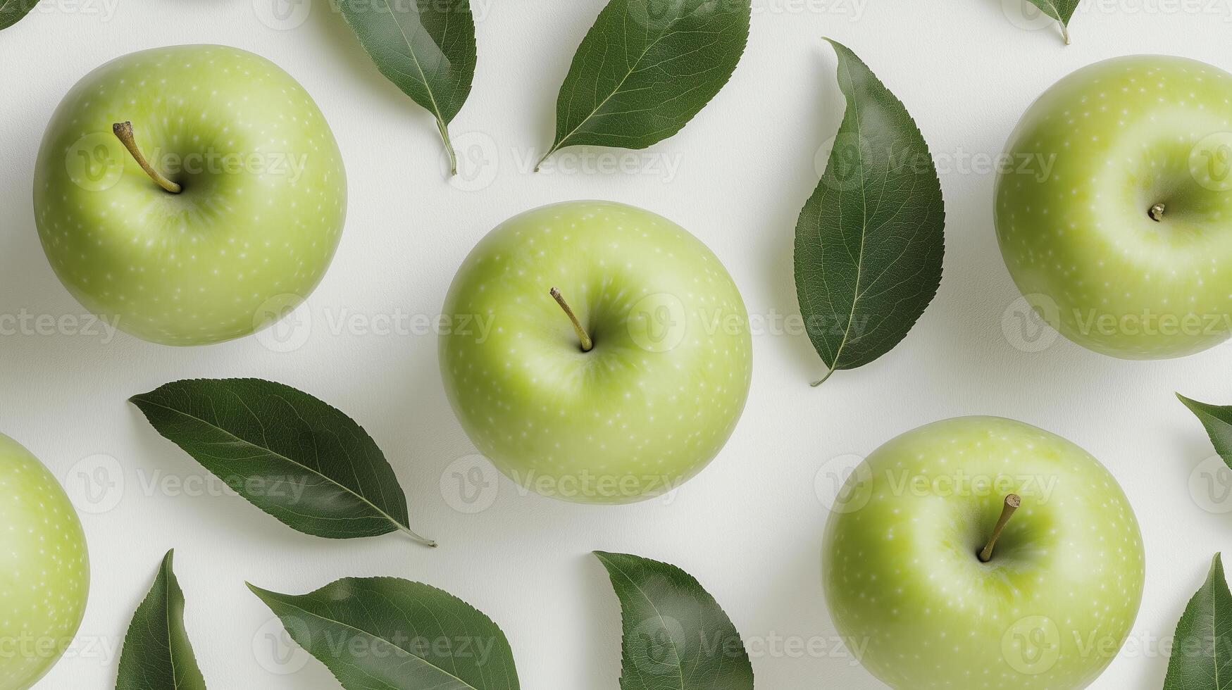 hand-drawn pattern of ripe green apples and delicate leaves in watercolor style photo