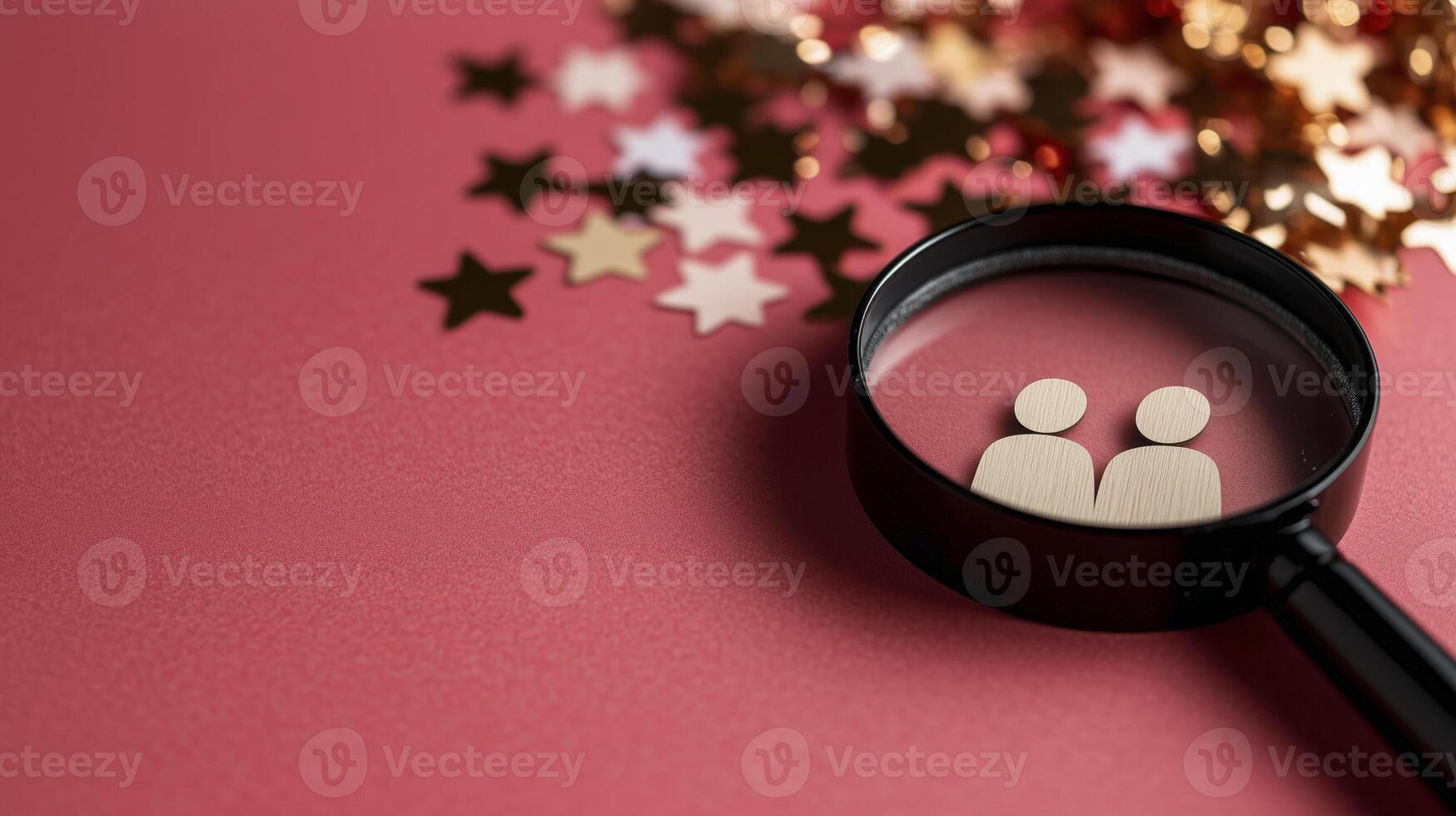 Magnifying glass on a pink background with stars and people photo