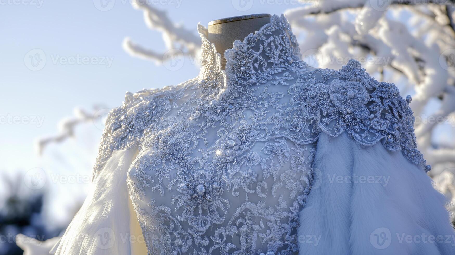 A wedding dress is covered in snow photo