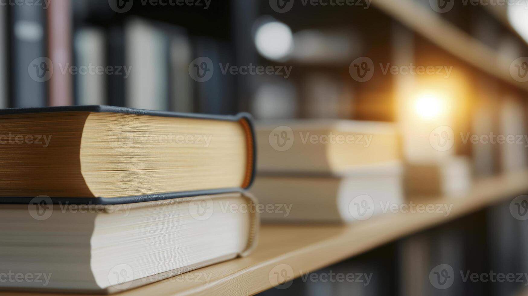 A stack of books on a shelf in a library. photo