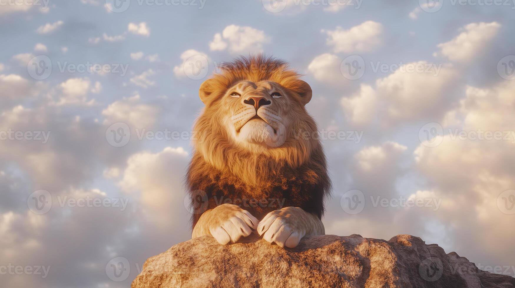 lion of judah roaring atop rocky cliff at sunrise, exuding strength photo