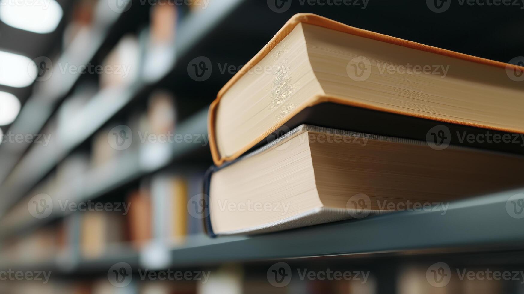 A stack of books on a shelf in a library photo