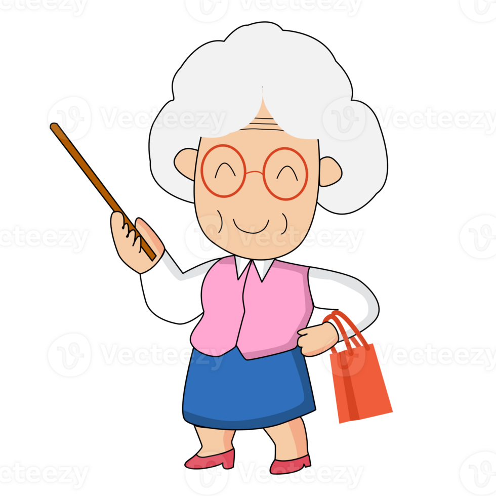 Cartoon Illustration of Elderly Woman with Stick png