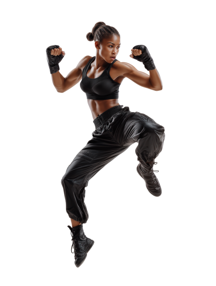 A woman in black clothes doing a kick png