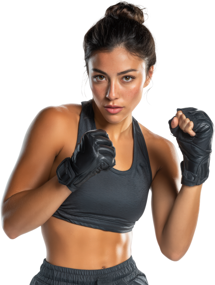 A woman in a black sports bra top and black boxing gloves png