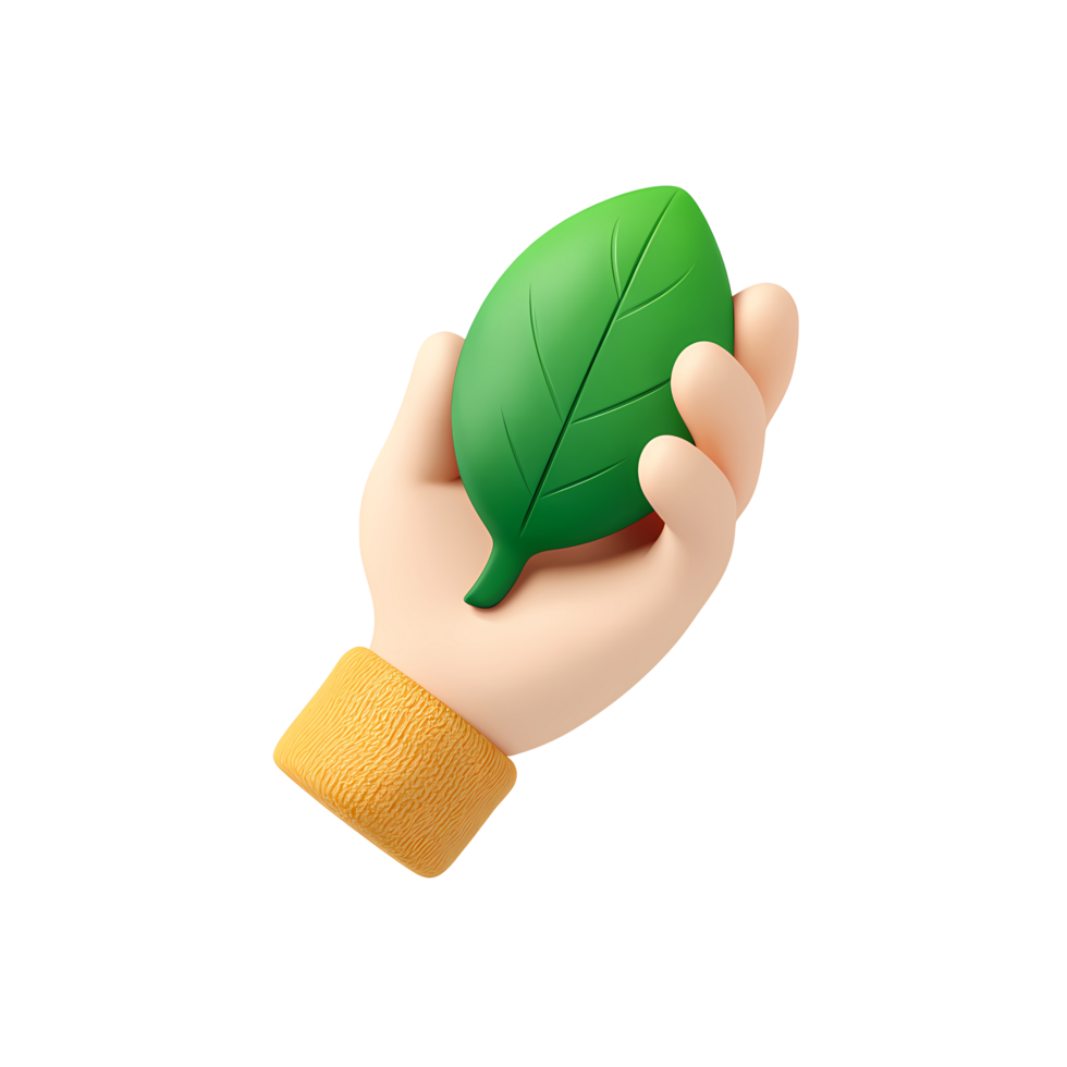 3D Rendered Hand Holding a Green Leaf on Transparent Background png