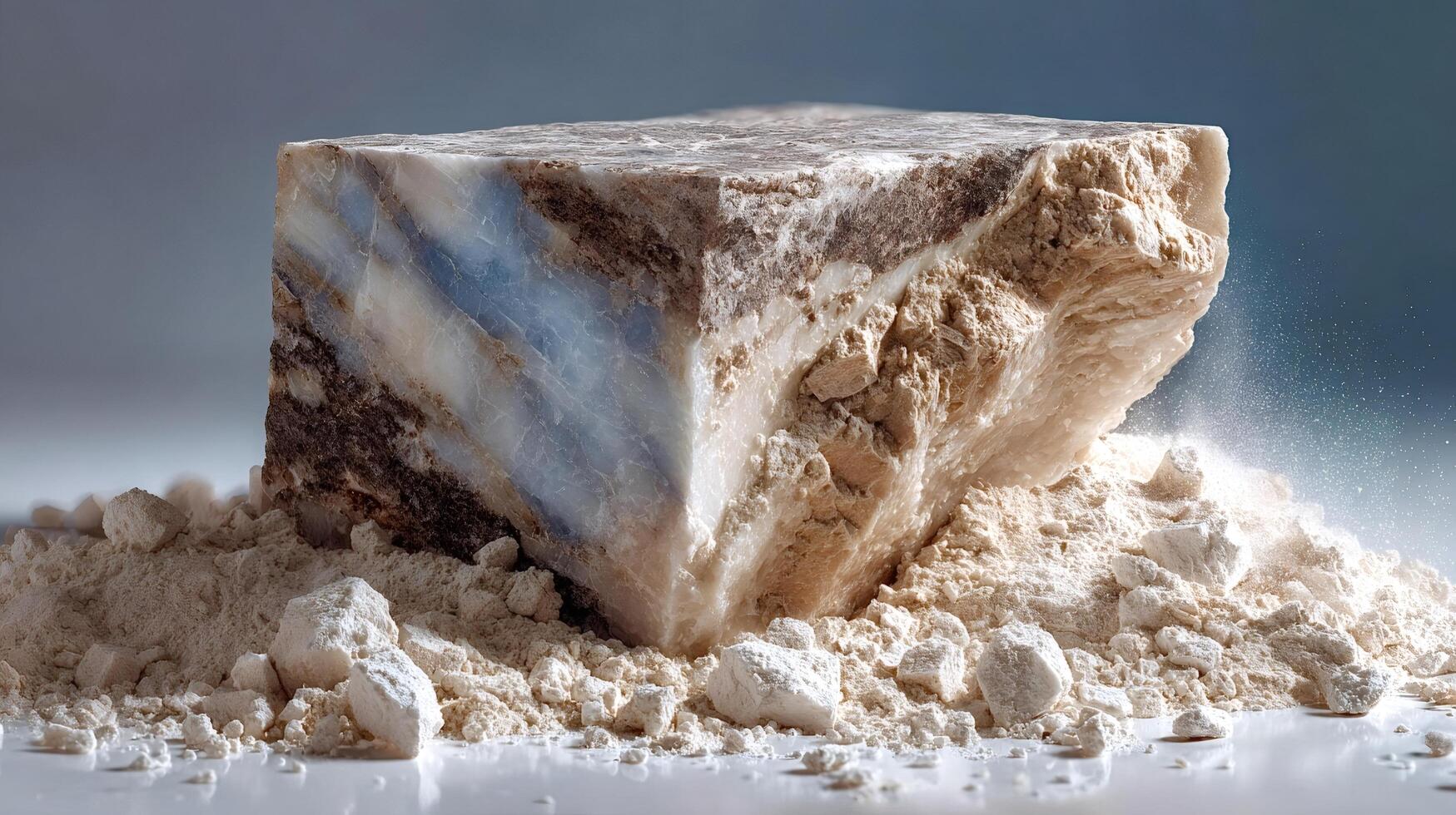 Raw anhydrite mineral stone breaking into small pieces and powder photo