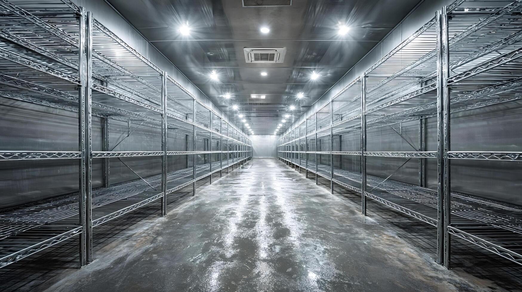 Empty industrial refrigerator with metal shelves awaiting stock photo