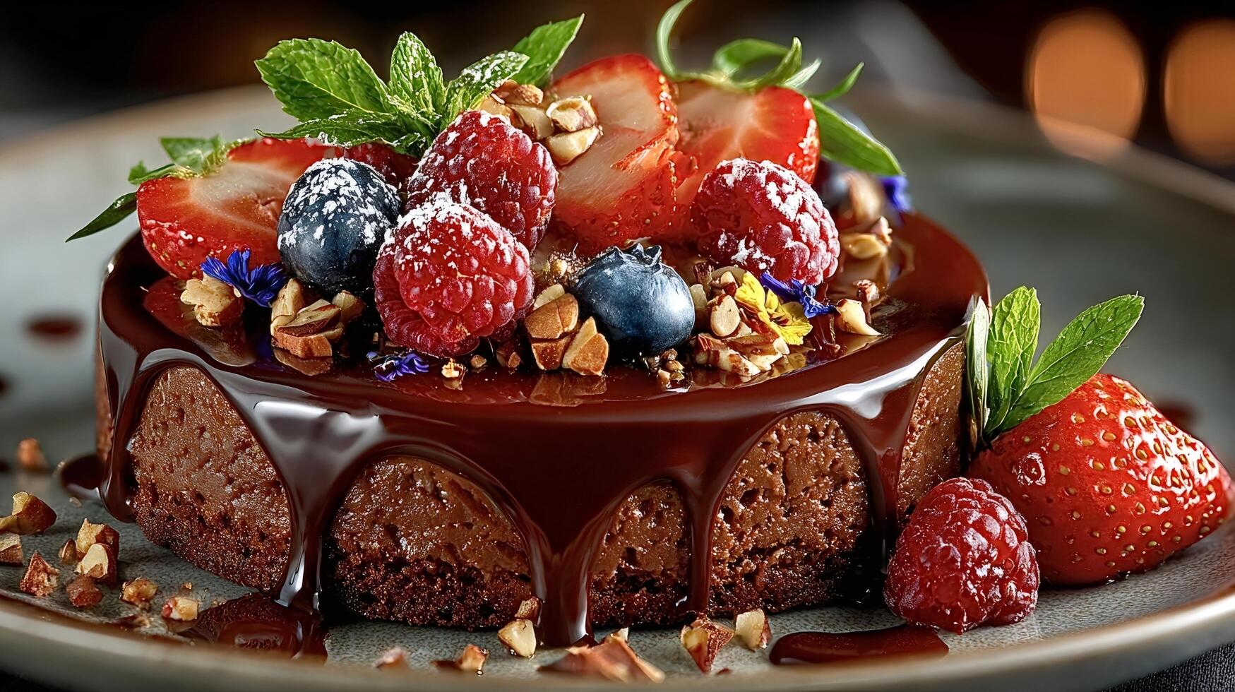 Chocolate cake with berries and nuts photo