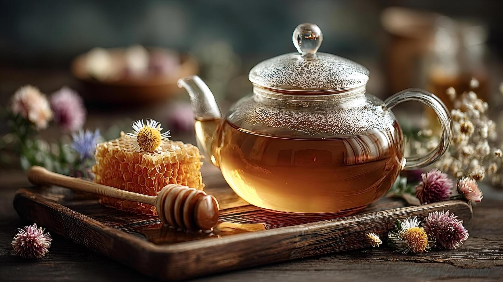 Glass teapot with honey and flowers photo