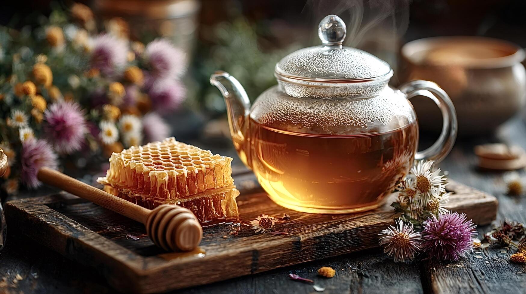 Herbal tea with honey and honeycomb photo
