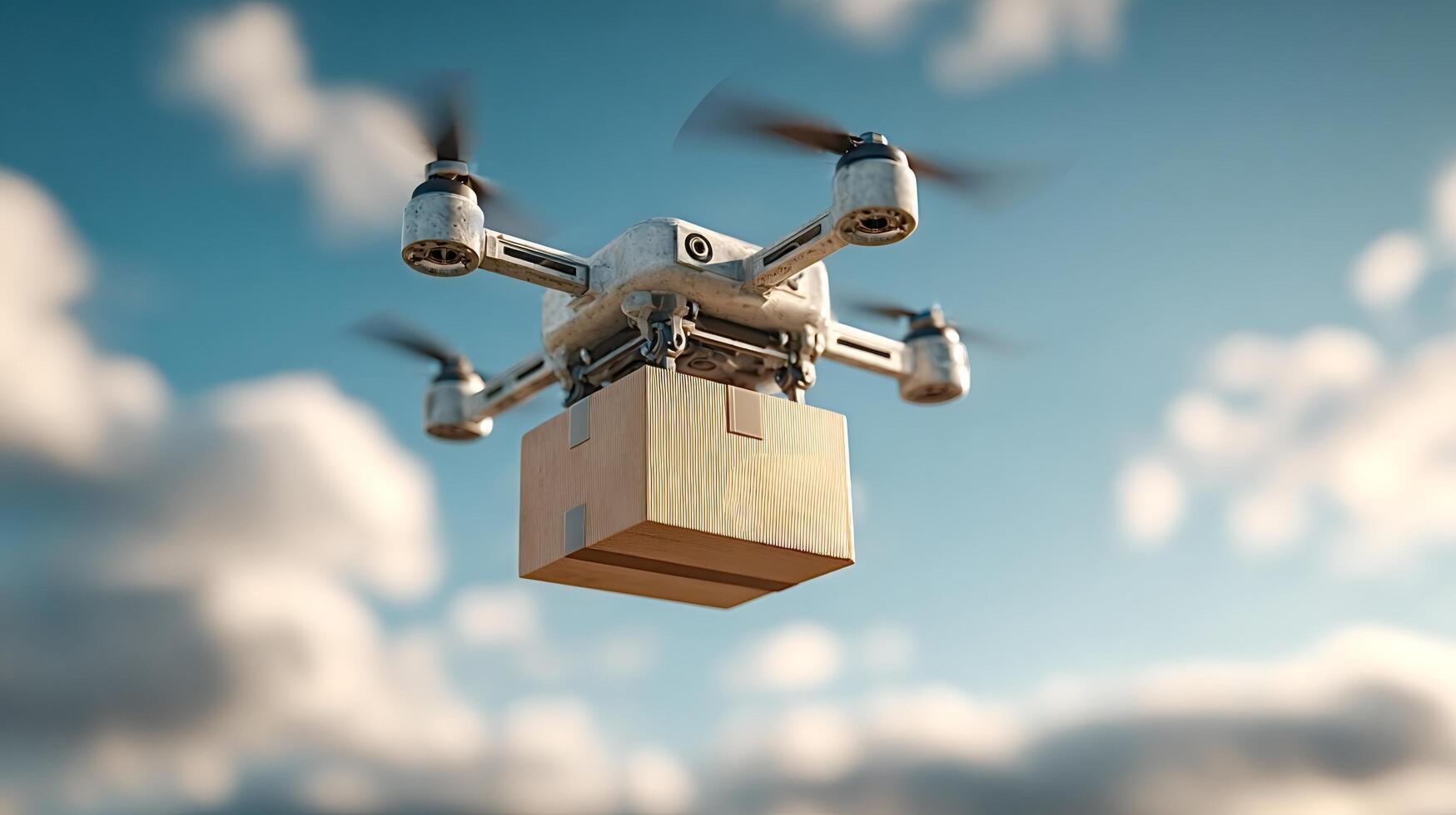 Modern quadcopter drone delivering package on cloudy sky photo