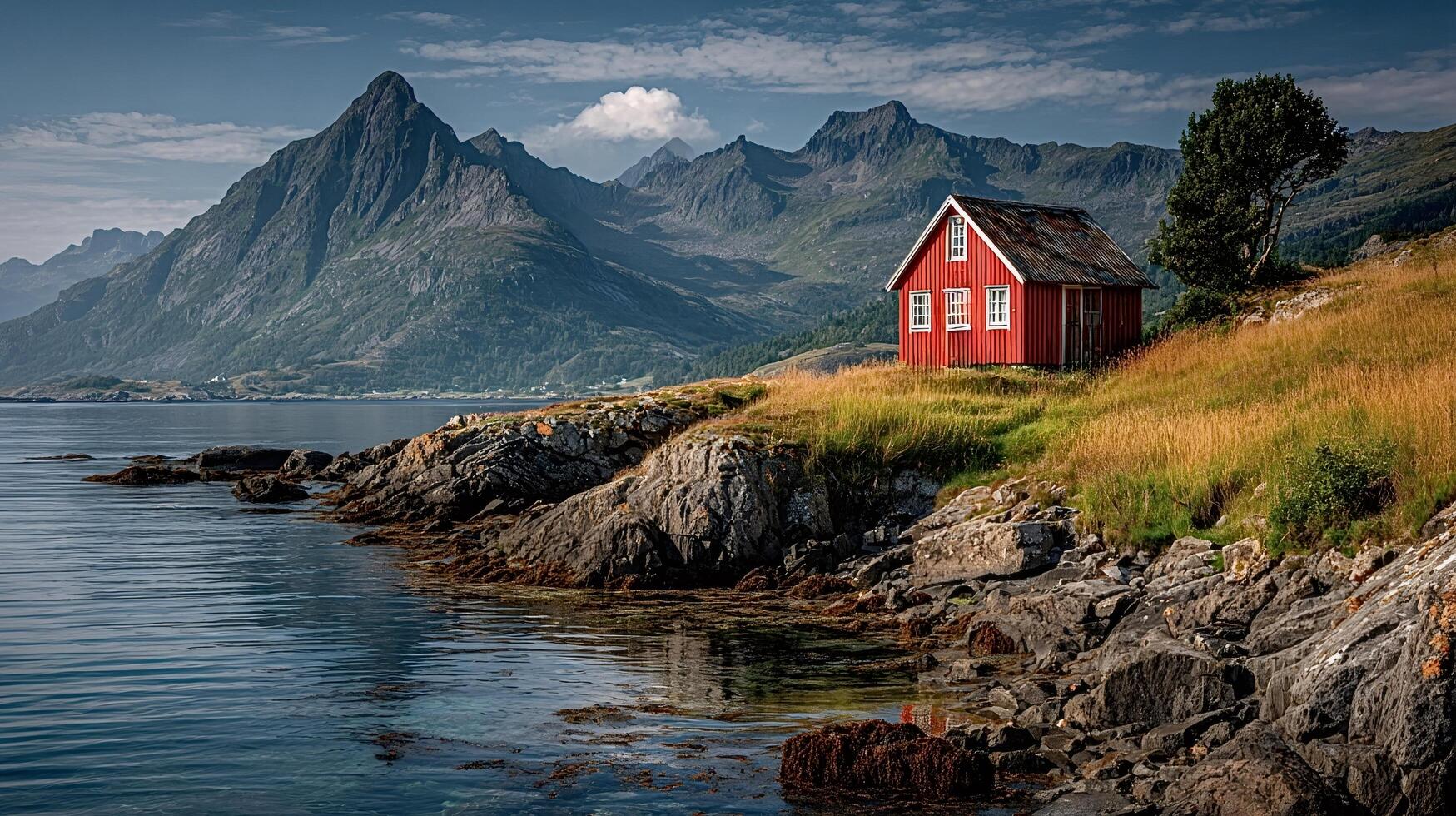 Red cabin by the water with mountains photo