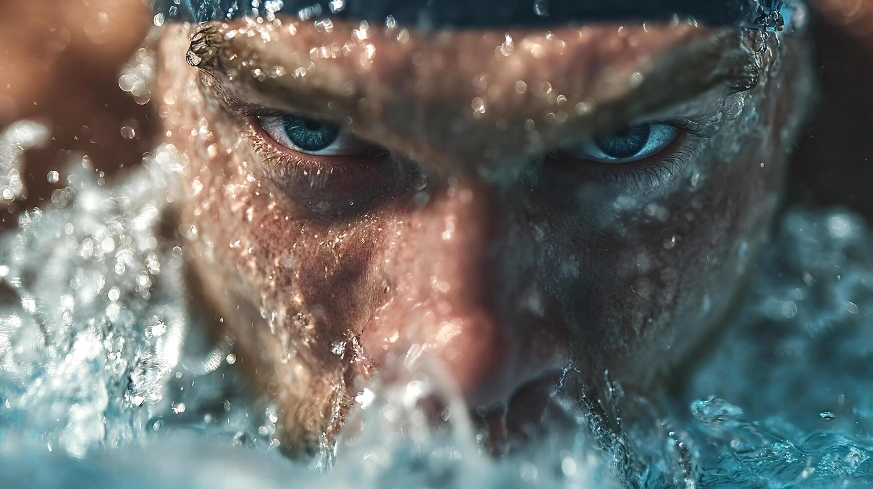 Determined swimmer breathing while swimming butterfly stroke in water photo
